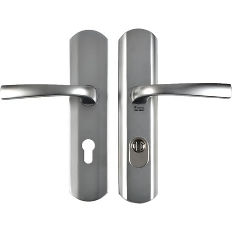 Poignée de porte blindée sur Plaque pour porte d'Entrée - Version Clé I - Entraxe 195 mm - Matériau Zamak Résistant - Finition Chrome Velours (1/5)