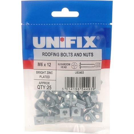 Unifix Mushroom Head Roofing Bolts Nuts BZP M6 X 70 - Box of 1...
