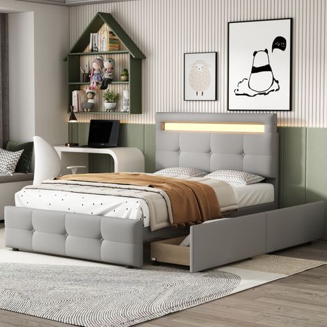 Lit capitonné classique 90x200 cm gris, avec tête de lit réglable, LED, 2 tiroirs et sommier à lattes (1/5)