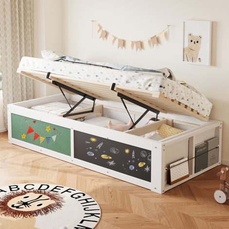DESVIAE Lit enfant avec rangement hydraulique tableau craie panneau en feutre étagère latérale réversible sommier à lattes 90 x 200 cm blanc bois (1/5)