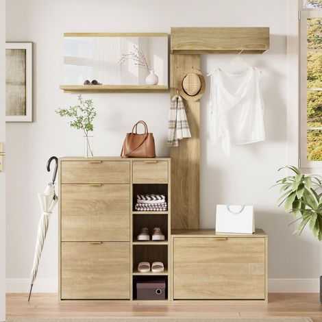 Mobile ingresso salvaspazio 4 pezzi 130x30x174 cm con scarpiera panca specchio e appendiabiti da parete in legno moderno - Naturale e bianco (1/5)