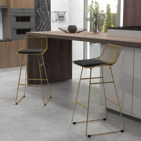 Set aus 2 hohen Küchenhockern mit Rückenlehnenkissen und Stahlrahmen, Tragkraft 120 kg, für Bar/Wohnzimmer, Gold (1/5)