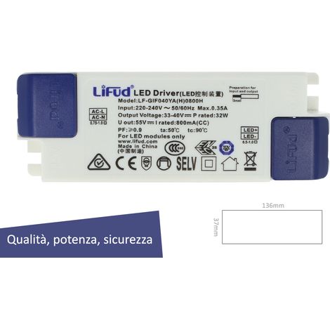 Led Driver CC 800mA 30V-40VDC 32W Alimentatore Corrente Costante Per Pannello Led Modulare (1/3)