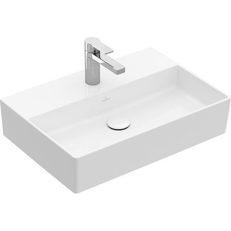 Memento 2.0, Lavabos muraux, 600 x 420 mm, Rectangulaire, modèle meulé, pour robinetterie à 3 trou s, troude robinetterie central percé,avec trop-plein, TitanCeram