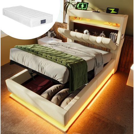 DESVIAE Lit simple rembourré 90 x 200 cm avec tête de lit de rangement USB Type C LED coffre hydraulique beige tissu effet lin (1/5)