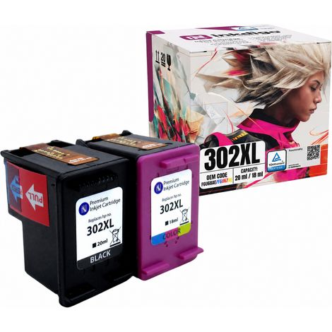 Cartouches d'encre Inkdigo 302XL compatibles avec les imprimantes multifonctions HP DeskJet 1110 et Envy 4520e (certifiées TÜV). (1/5)