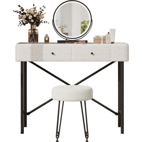Coiffeuse avec miroir LED et tabouret, 2 tiroirs, plateau effet marbre, style moderne avec finition décor fleece, noir + blanc, 100×40×120 cm