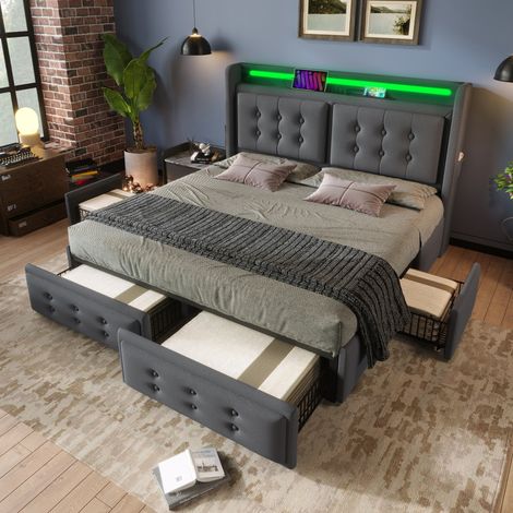 Bett 160x200 cm gepolstert in Grau, modern, Baumwoll-Leinen, mit Kopfteil, LED, USB/USB-C, 4 Schubladen und Lattenrost (1/5)
