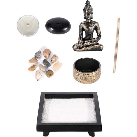 Portavelas e incensario zen de madera y resina con estatua de Buda – decoración para la meditación en el hogar (12,5 x 12,5 cm) (1/5)