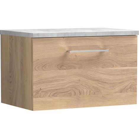 Nuie Arno Wall Hung 1-Drawer Vanity Unit with Bellato Grey Worktop 600mm Wide - Bleached Oak (1/4)