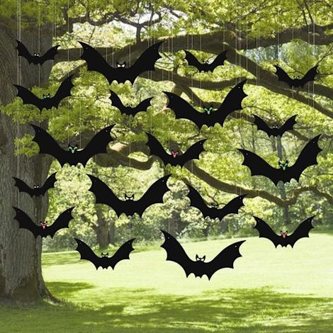 LYERCW - (18 pièces) Décoration d'Halloween suspendue : chauves-souris géantes en plastique, à suspendre aux arbres, au porche, dans le jardin, sur la pelouse ou à l'intérieur.