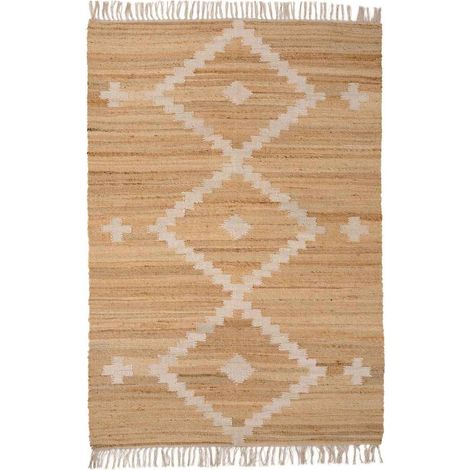 Tapis en jute et coton motif ethnique beige blanc - beige naturel et blanc écru (1/2)