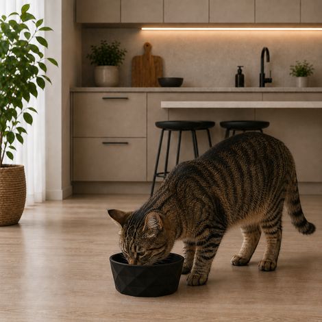 belviona Katzennapf aus Keramik, rutschfester Futter- & Wassernapf mit Silikonboden, robust & spülmaschinengeeignet, 550 ml, schwarz matt (1/4)
