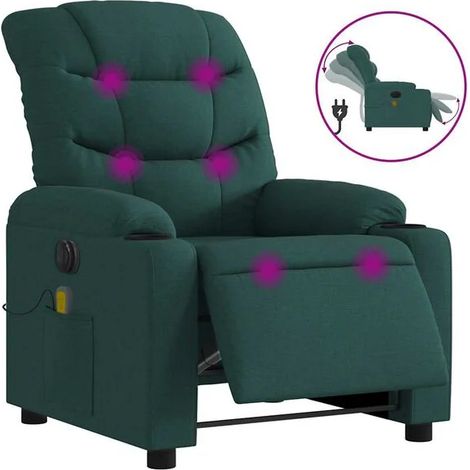 Chaise longue électrique réglable avec fonction de massage, revêtement en tissu vert foncé, appui-tête et dossier inclinables, pour salon ou chambre (1/5)