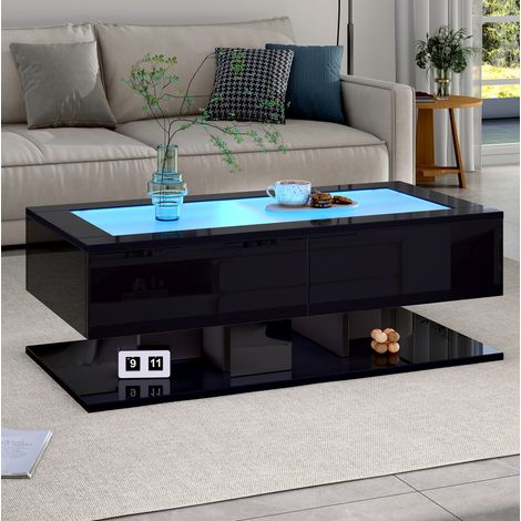 Mesa de centro 100x50x35 cm negra en aglomerado y vidrio templado con 2 cajones LED (1/5)
