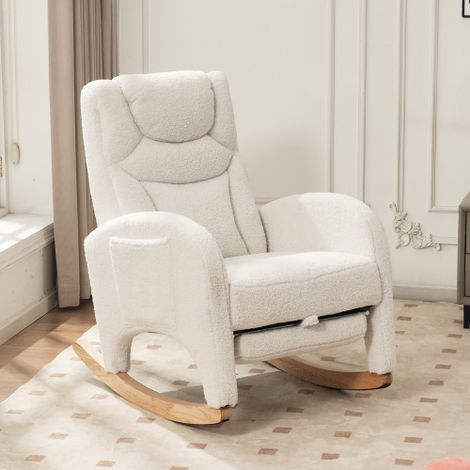 Fauteuil à bascule, fauteuil d'appoint, fauteuil de salon avec accoudoirs, bascule rembourrée, fauteuil de chambre — Tissu « Teddy » blanc — Capacité de charge : 110 kg (1/5)