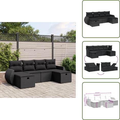 6-tlg. Garten-Sofagarnitur mit Kissen Schwarz Poly Rattan - Gartengestell - Gartenmöbelset - Outdoor Lounge - Rattan Sessel - Gartenlounge (1/5)