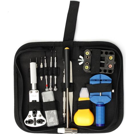 14-piece watch repair tool set, consisting of a set of household tools, a watch strap removal tool, a watch case opener and a hammer with handle.--DTEKGAZ