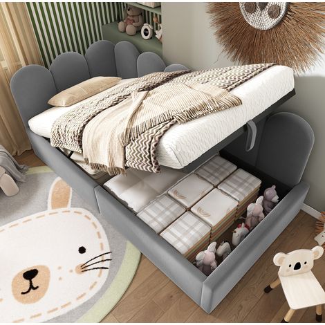 Cama de día tapizada en terciopelo gris 90x190 cm con almacenaje hidráulico y somier de láminas metálicas (1/5)