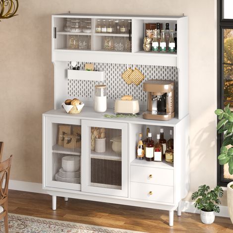 MODFU – Buffet cuisine 117x30x170 cm – 4 portes coulissantes verre strié et tiroirs – Panneau perforé et pieds pin – Blanc (1/5)