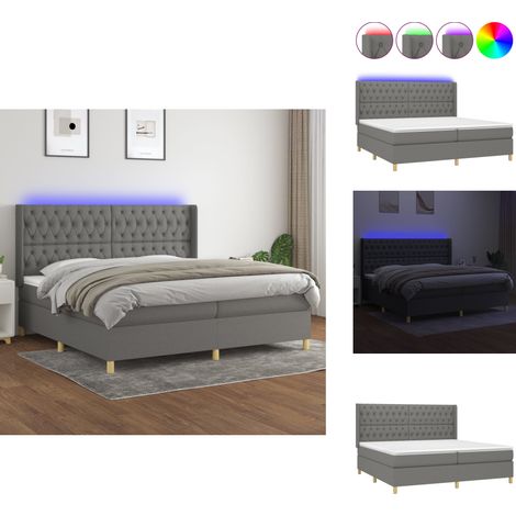 Sommier à lattes de lit matelas LED Gris foncé 200x200 cm Tissu - Sommier Tapissier - Lit Plateforme - Lit Avec Led - Matelas À Ressorts Ensachés - Têtière Ajustable (1/5)