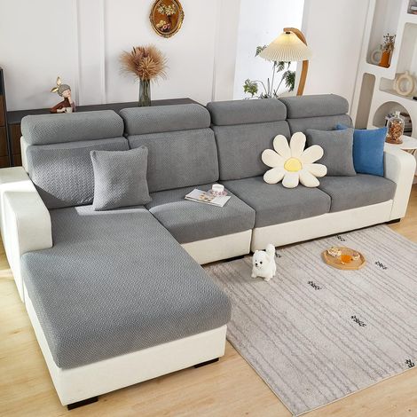 Fodera per cuscino divano – Altamente elastica – Universale e antiscivolo – Per divani a L e chaise longue – Protezione per mobili (tessuto intrecciato, grigio)