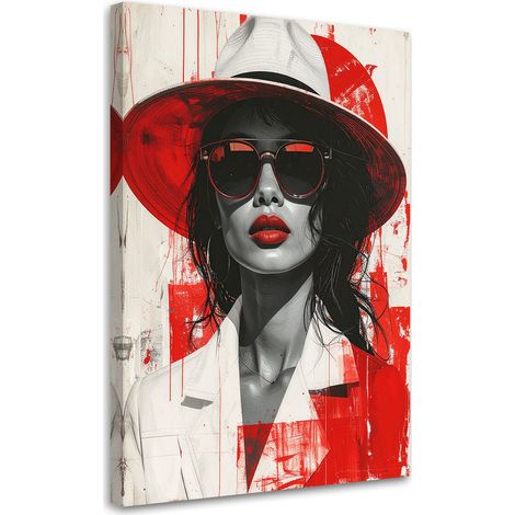 Image sur Toile, Portrait de femme au chapeau rouge et blanc,60x90 (1/4)