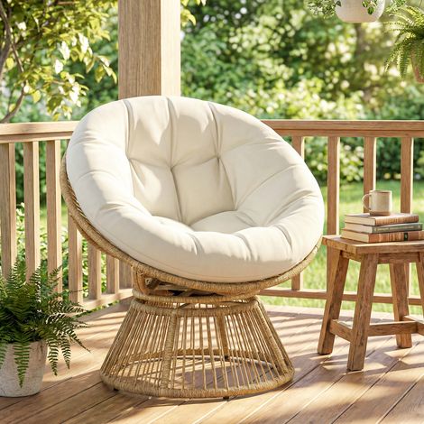 360° drehbarer Papasan-Sessel – Gartenstuhl aus Polyrattan – 12 cm weiches Kissen – 93 x 81 x 87 cm – Natur