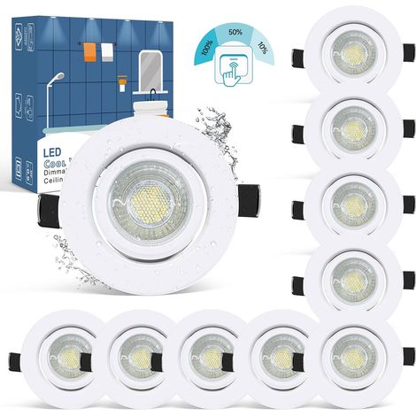 10× IP44 Spot Encastrable Blanc Salle de Bain Dimmable 7W Equi. 70W Ampoule Halogène Blanc Chaud 2800k Spot Encastré Extra Plat 28mm Plafonnier Encastrable Orientable 220V 700LM Éclairage Rond (1/5)
