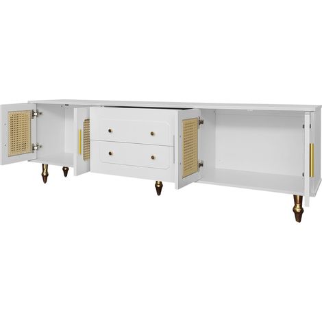 Mobile TV retrò bianco con ante in rattan PVC, maniglie dorate e gambe in metallo (1/5)
