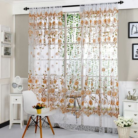 Rideau Voile - Motif Pivoine - 200 cm x 100 cm - Café - 1 Panneau (1/5)