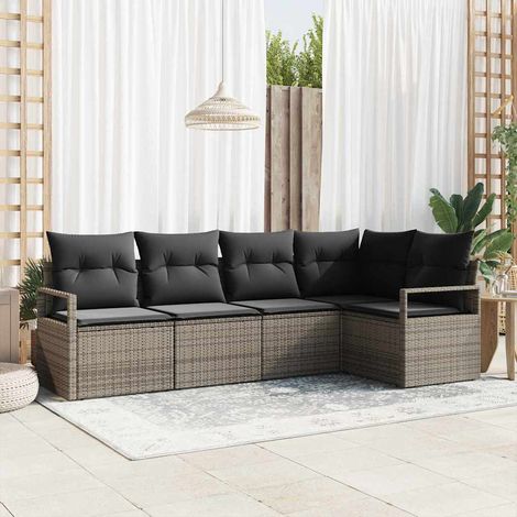 Gartensofa-set mit Kissen mit Speicher 5 pcs Grau Poly-Rattan