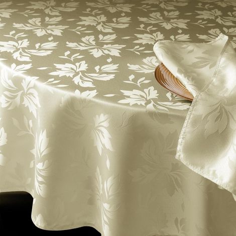 Nappe ronde 180 cm Beige Jacquard Fleurs lavable déperlante