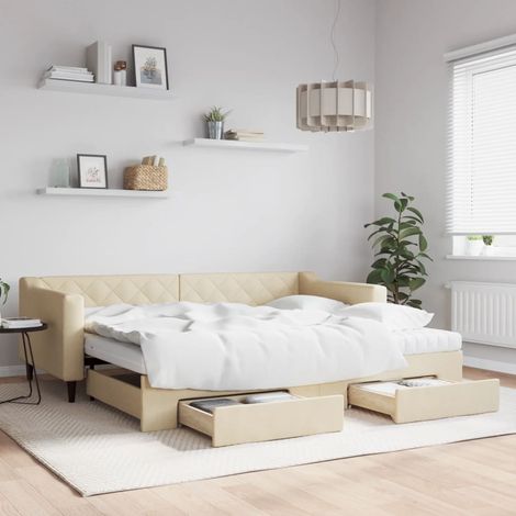 Tagesbett Ausziehbar mit Schubladen Creme 90x200 cm Stoff (1/5)