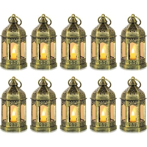 Mini Lanterne LED Exterieur - Lot de 10 Lanterne Bougie doré Decorative Bougeoir pour Halloween, Mariage, Noel, Decoration de Table, Piles Incluses (1/5)