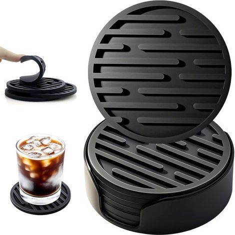 BelleRise - Ensemble de 6 sous-verres ronds antidérapants avec support, en silicone, pour tasses, tables, café, bar, boissons. (1/5)