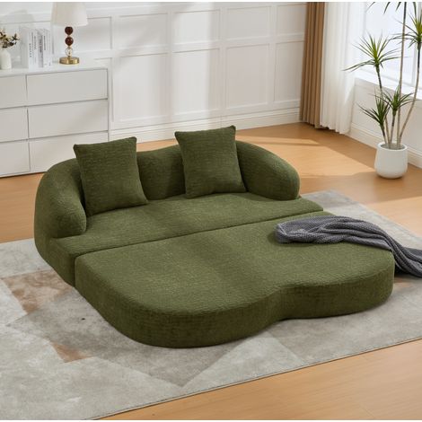 Divano letto 157x84x65 cm verde, 2 posti con 2 cuscini, in ciniglia, senza montaggio MEUBLIV (1/5)