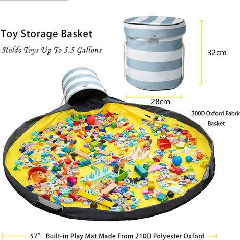Grand sac de rangement pour jouets d'enfants, sac de rangement en tissu à ouverture rapide pour bébé, seau de rangement rond multifonctionnel, motif rayé. (1/5)