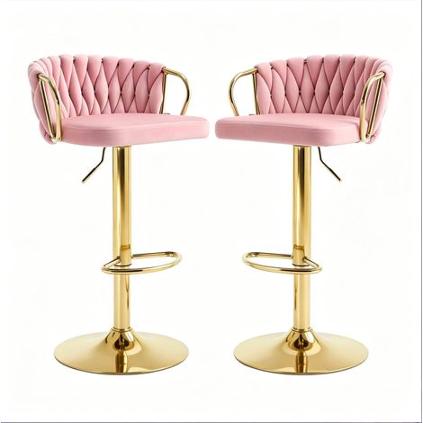 Set mit 2 drehbaren Barhockern aus rosa Samt mit Rückenlehne und Metallarmlehnen (1/5)