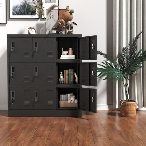 Armadietto metallico 90x40x100 cm nero in metallo con 9 scomparti, serrature, feritoie di aerazione e portanome (1/5)