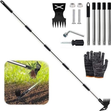 Handunkrautstecher mit 180 cm langem Stiel, 2-in-1-Handrechen und Gartenhacke, Unkrautentferner mit langem Stiel, Multifunktionshacke für Garten, Hof, Spielplatz und Terrasse (1/4)