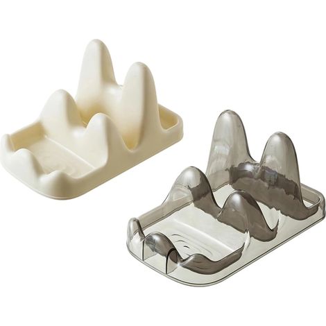 Organisateur de comptoir à 2 niveaux - Porte-planche à découper et porte-couvercles avec sèche-ustensiles, rangement gain de place pour les ustensiles de cuisine (crème et gris) (1/5)