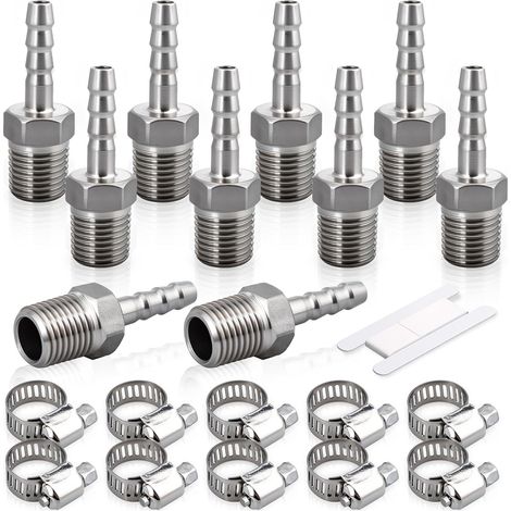 10 raccords à barbe pour tuyaux en acier inoxydable, filetage externe BSP 1/4 "x raccords à barbe 8mm et 10 pinces (1/5)