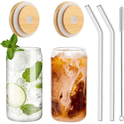 Verre À Boisson - 500 Ml - Forme De Canette - Couvercle En Bambou - Paille En Verre - Lot De 2 (1/5)