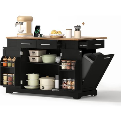 Îlot central de cuisine Extensible Noir 138x86x92cm Réglable Roulettes USB et Prise Rangement MDF Cuisine Rangement Pratique Moderne (1/5)