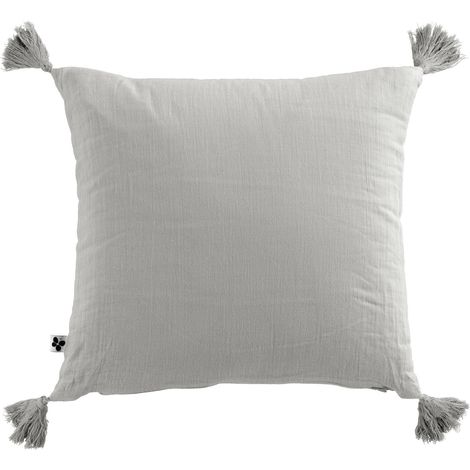 Coussin déhoussable avec pompons gaze de coton 40 x 40 cm nuage Gris