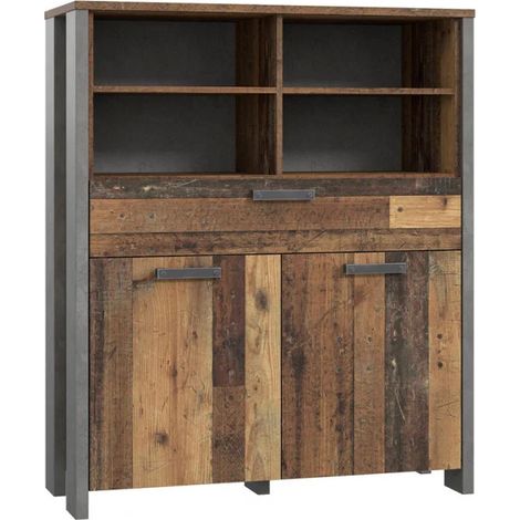 Commode 2 portes et 1 tiroir effet bois vieilli et béton gris - BUCK (1/5)