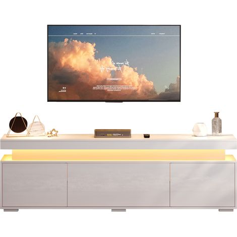 Meuble TV 150 x 35 x 43 cm pour salon, support TV indépendant avec 3 portes, lowboard avec bande lumineuse LED, espace de rangement compartimenté, idéal petit appartement, blanc, panneau de particules (1/5)