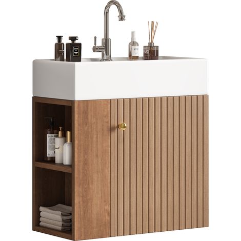 Mueble bajo lavabo con 1 Puerta y Estantes Laterales, Frontal en Relieve 3D, para Bano, en MDF, Marron (1/5)