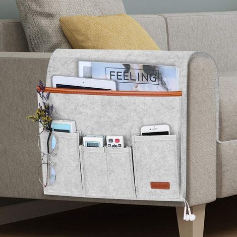 TIVCROXS - Organisateur pour Accoudoir de Canape, Fauteuil Chaise Protetor Housse, Sac de Rangement Antidérapant pour Télécommande, Magazines, iPad, Téléphone, Lunettes (grise) (1/4)